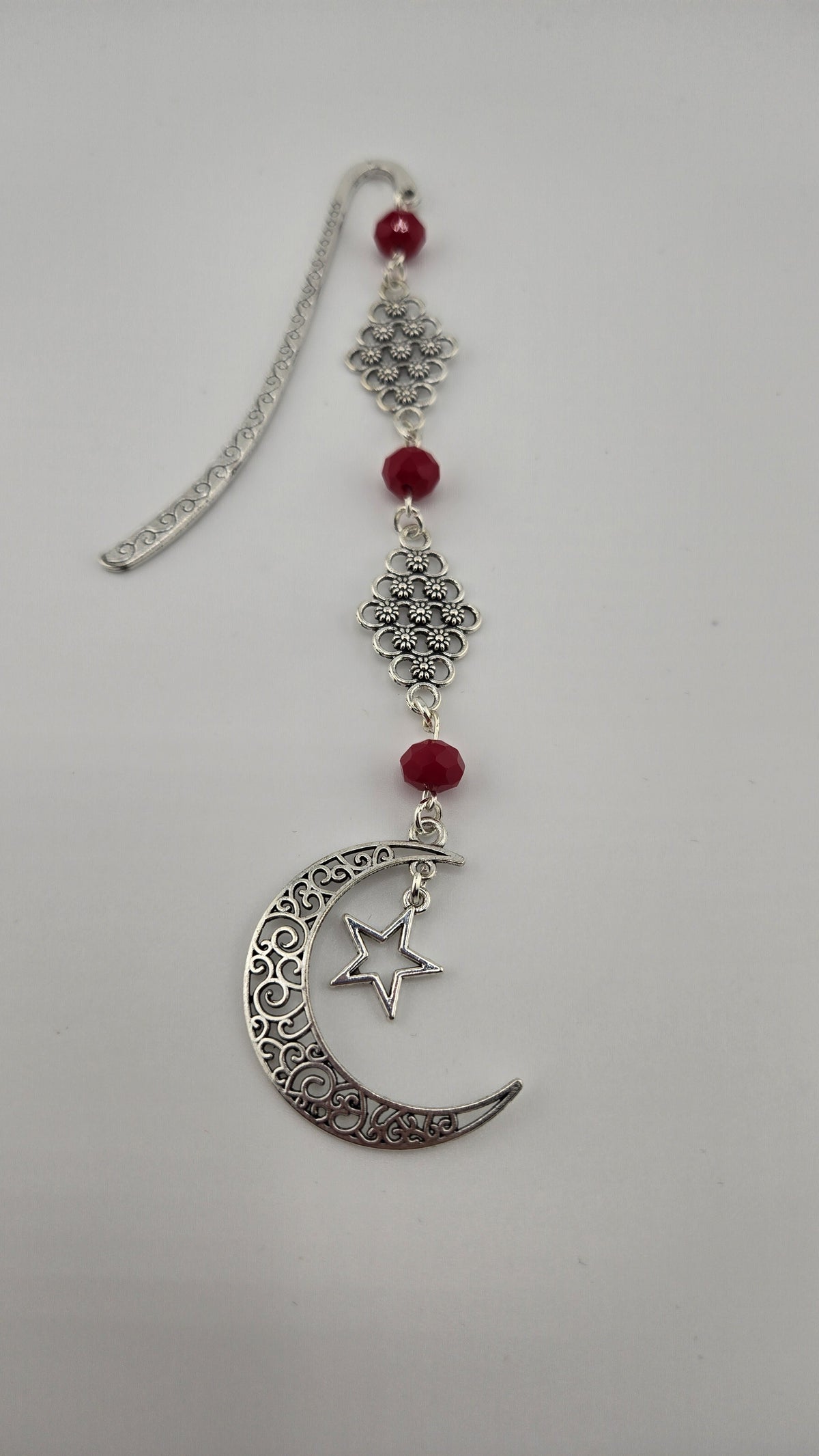 Layali Bookmark, Flower Links design: silver-tone crescent and star with red beads