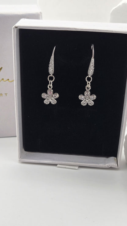 Edelweiss Pavé Earrings, five-petal flowers on stone-lined French hooks