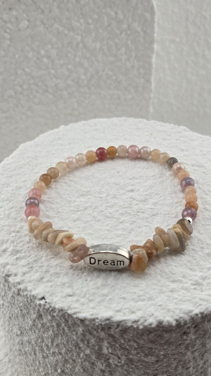 Dune Wish Bracelet, peach and blush beads with chip beads and a silver-tone Dream bead