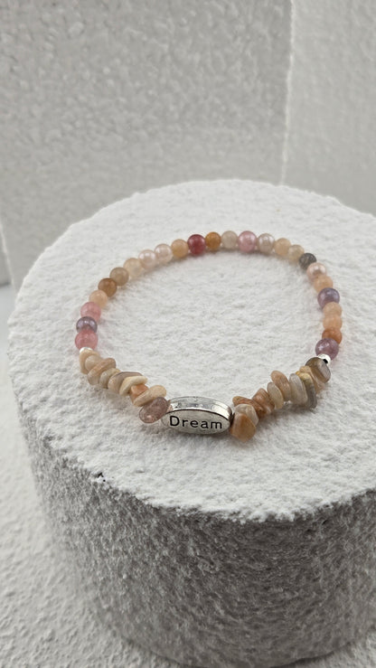 Dune Wish Bracelet showing round beads in peach, pink and lilac tones
