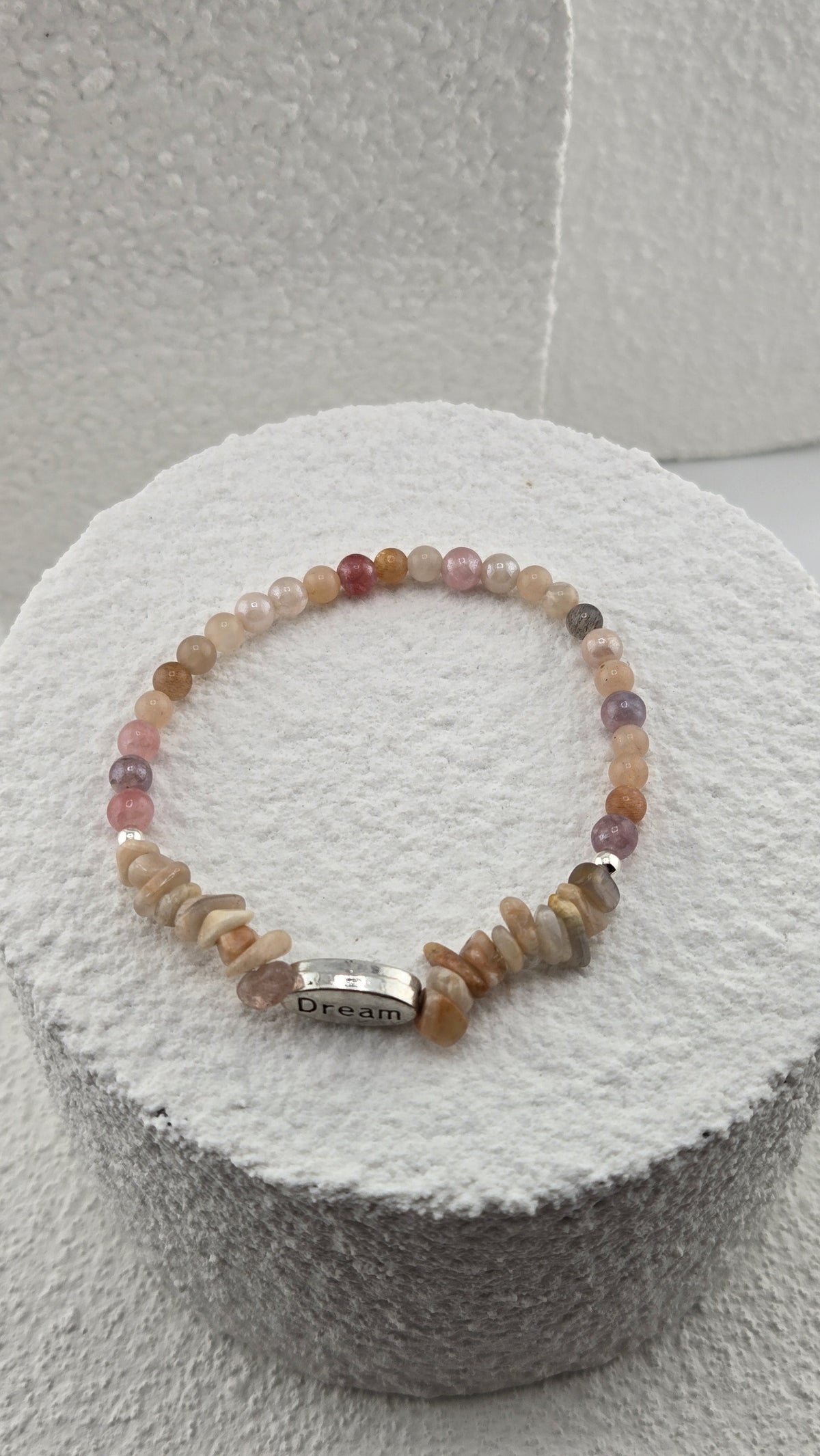 Top view of the Dune Wish Bracelet with its Dream word bead