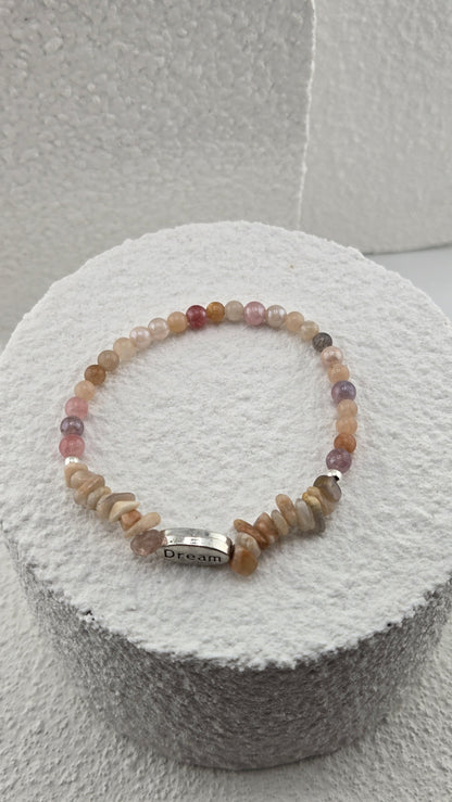 Top view of the Dune Wish Bracelet with its Dream word bead