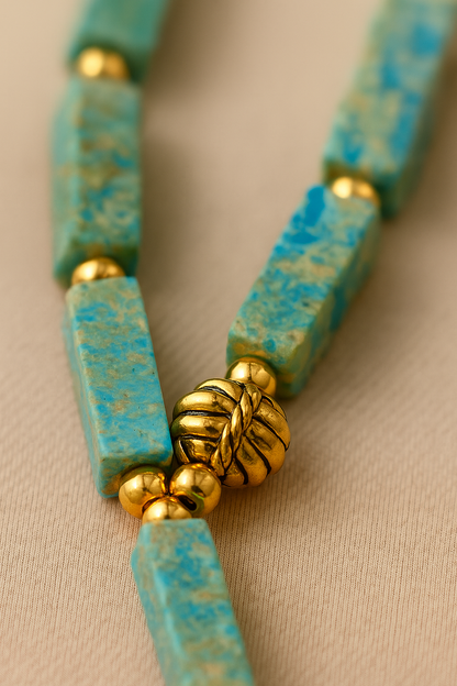 Ocean Whisper Necklace of turquoise-blue rectangular beads with gold-tone spacers, view 3