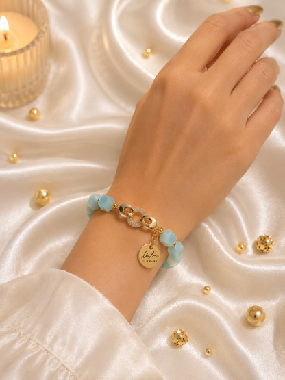 Nature Breeze Bracelet, light aqua cube-shaped beads with gold-tone clasp, view 4