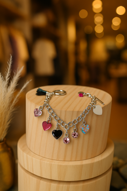 Charming Hearts Bracelet in silver with colorful heart pendants, crystals and a butterfly, view 7