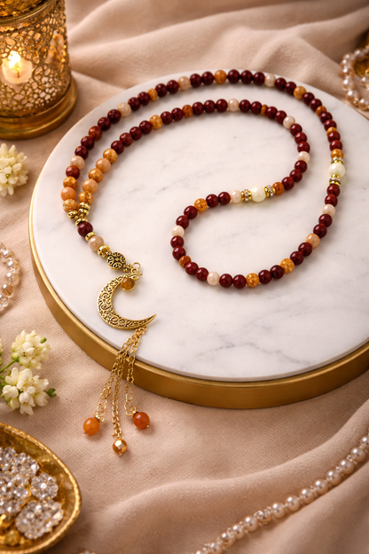 Golden Sunset Tasbih with red, orange and cream beads and a gold-tone crescent moon charm, view 6
