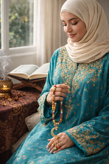 Golden Sunset Tasbih with red, orange and cream beads and a gold-tone crescent moon charm, view 7