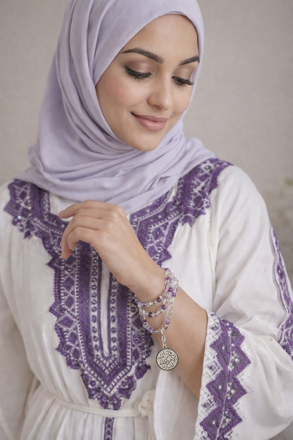 Amethyst & Crystal Quartz Convertible Tasbih with purple amethyst and clear quartz beads
