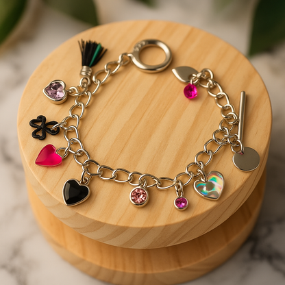 Charming Hearts Bracelet in silver with colorful heart pendants, crystals and a butterfly