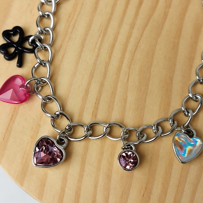 Charming Hearts Bracelet in silver with colorful heart pendants, crystals and a butterfly, view 8
