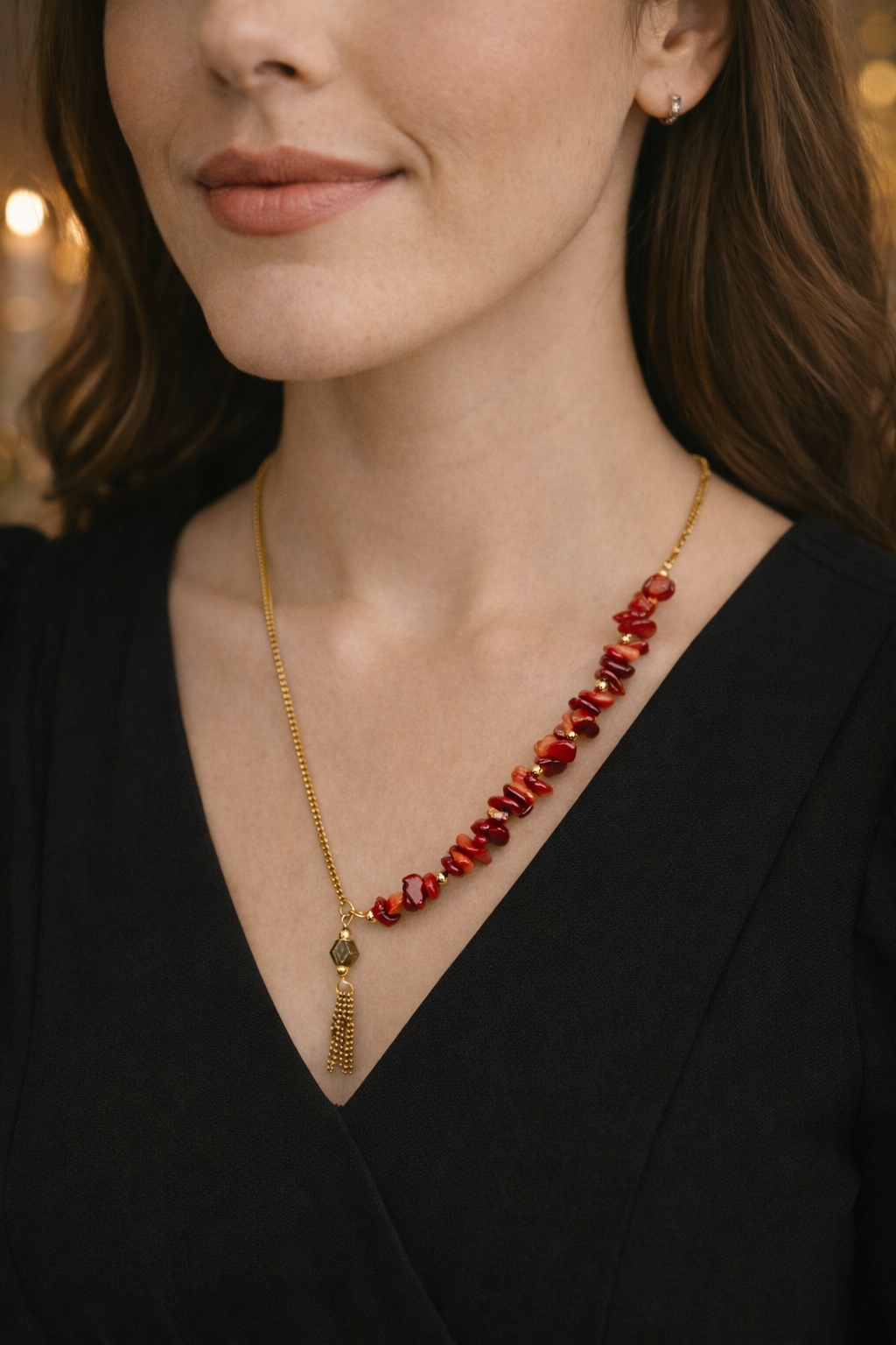 Handmade Crimson Agate Necklace with gold-tone chain