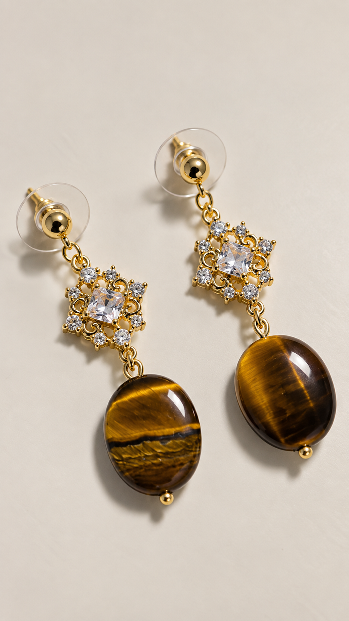 Royal Tiger Eye Earrings with brown tiger eye stones, crystal details and gold-tone accents