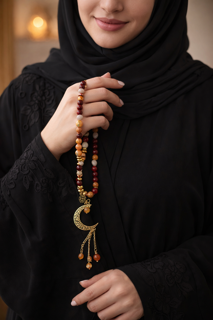 Golden Sunset Tasbih with red, orange and cream beads and a gold-tone crescent moon charm, view 8