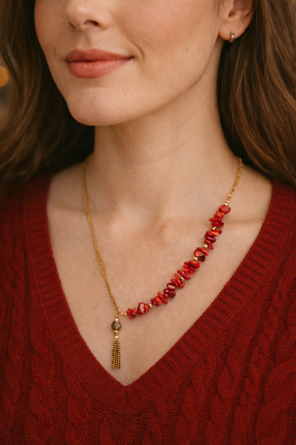Crimson Agate Tassel Necklace on model, close-up