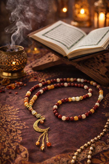 Golden Sunset Tasbih with red, orange and cream beads and a gold-tone crescent moon charm, view 9