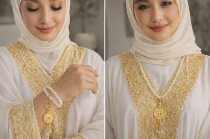 Mystic White Agate Tasbih with white agate beads and an Arabic calligraphy medallion, view 5
