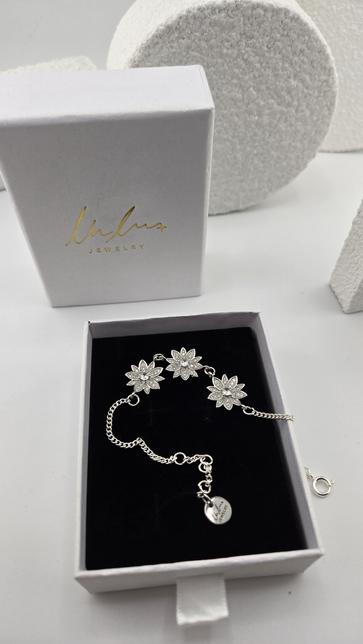 Frosted Lotus Bracelet with extender chain and round LuluTouch charm, view 2