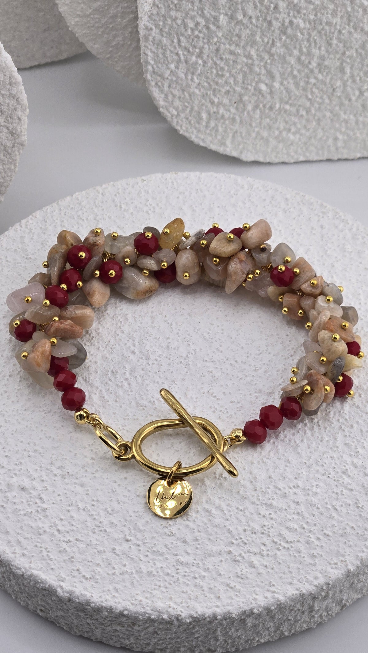 Harvest Toggle Bracelet, cluster of stone chips and red faceted beads with a gold-plated toggle clasp