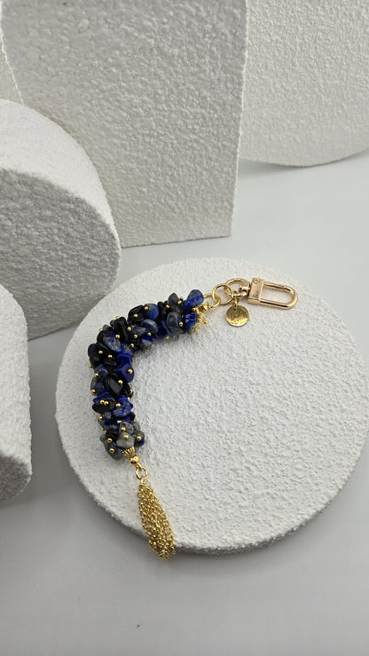 Indigo Tassel Bag Charm with its clip clasp and LuluTouch charm, view 2