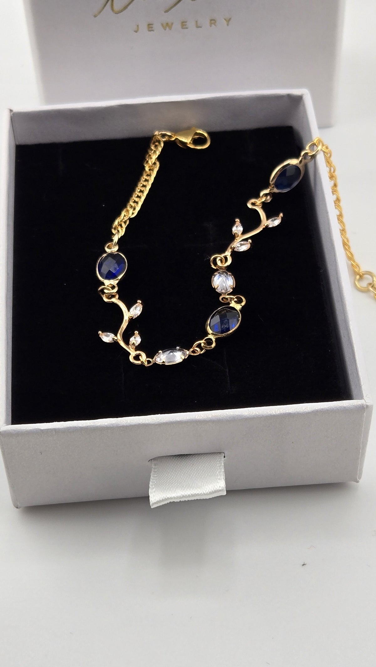 Navy Ivy Bracelet with lobster clasp in a LuluTouch gift box, view 2