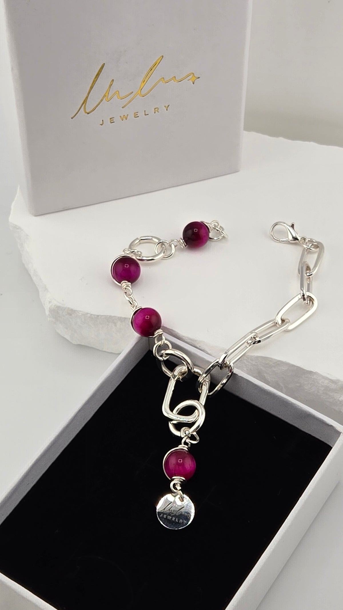 Orchid Wrap Tiger's Eye Bracelet with wire-wrapped fuchsia tiger's eye beads and silver-plated paperclip chain, view 2