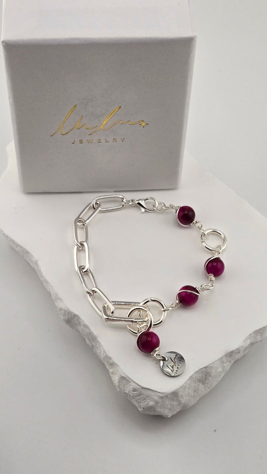 Orchid Wrap Tiger's Eye Bracelet with wire-wrapped fuchsia tiger's eye beads and silver-plated paperclip chain, shown with LuluTouch gift box