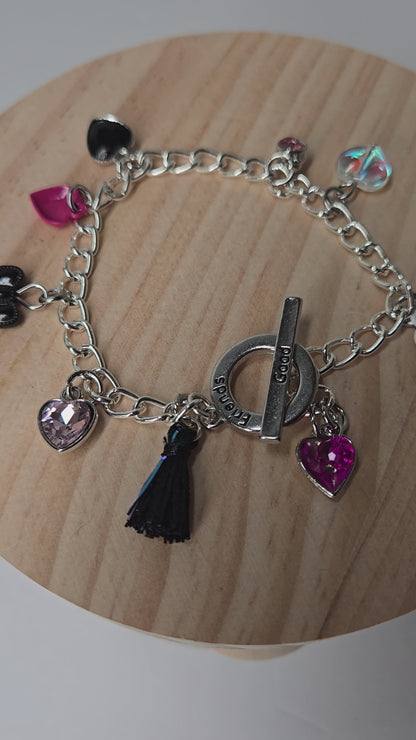 Charming Hearts Bracelet in silver with colorful heart pendants, crystals and a butterfly, video