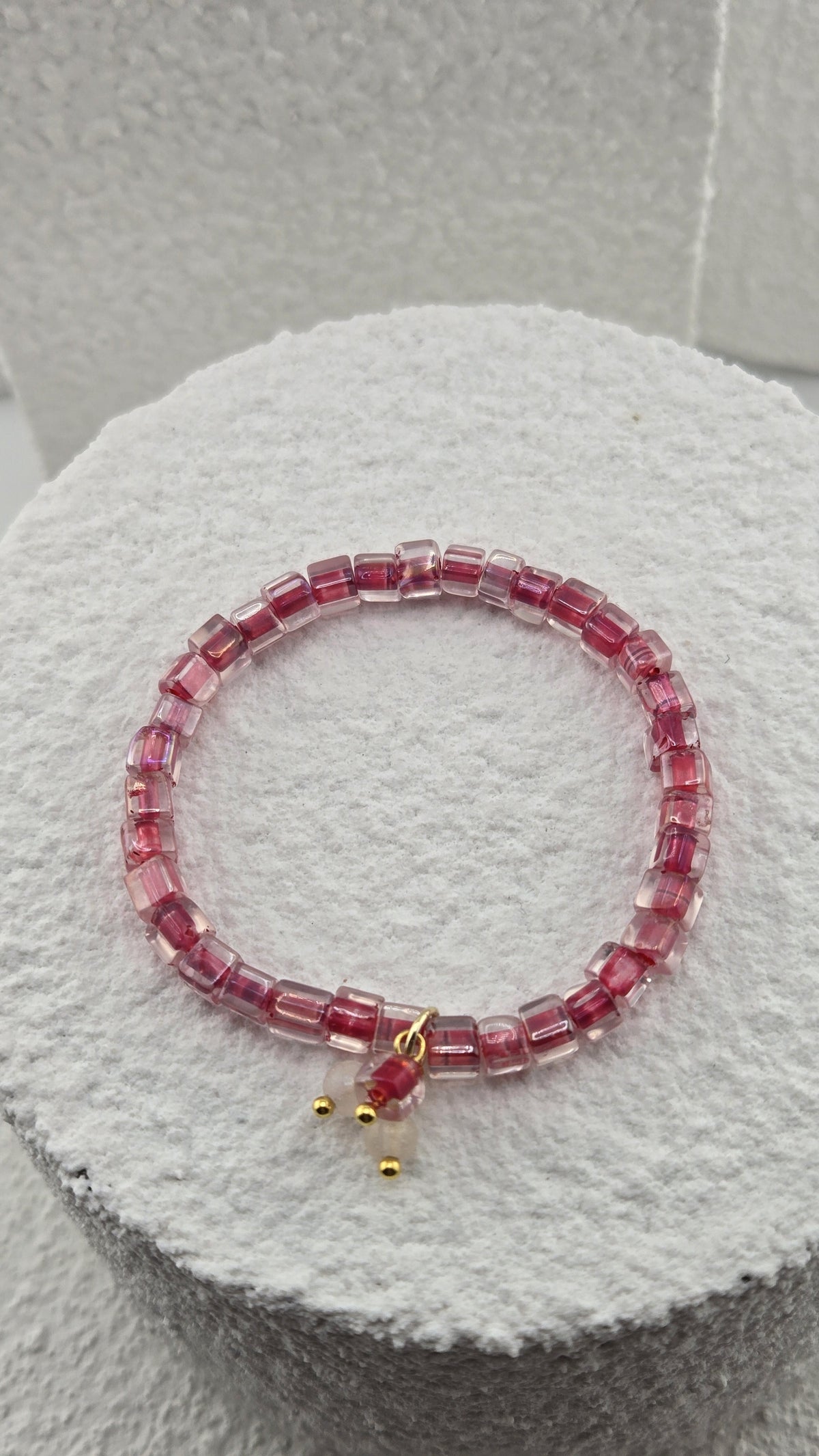 Rosewater Bead Bracelet, rose-pink cube beads with a small frosted bead charm