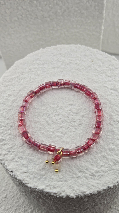 Rosewater Bead Bracelet, rose-pink cube beads with a small frosted bead charm