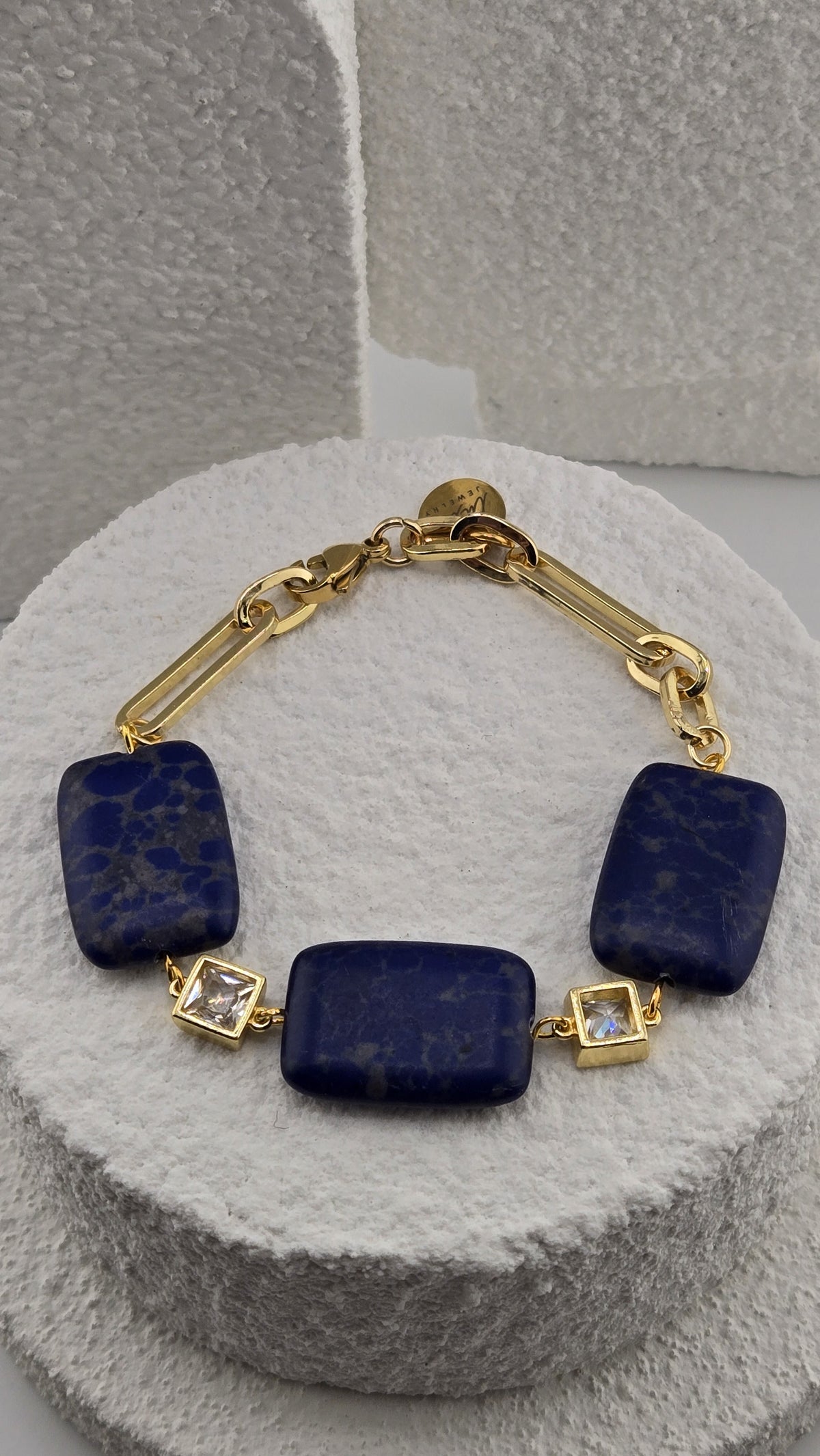 Ultramarine Link Bracelet, three matte blue rectangle beads on a gold-plated paperclip chain