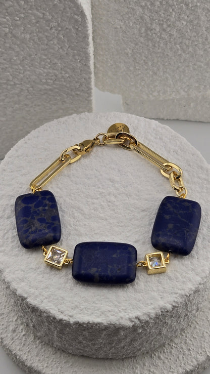 Ultramarine Link Bracelet, three matte blue rectangle beads on a gold-plated paperclip chain