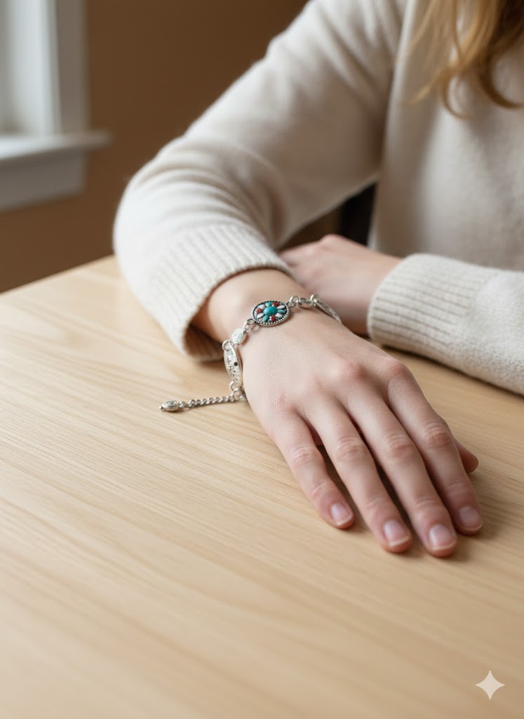 Close-up of handmade sterling silver details and genuine turquoise stones on the bracelet